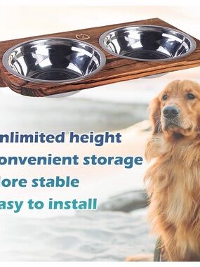 Wooden Elevated Double Dog Bowl with Stainless Steel Inserts - Brown